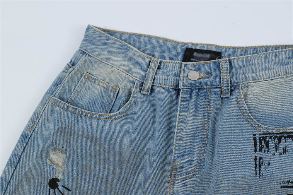 Fashion Graffiti Ripped Denim Trousers Men