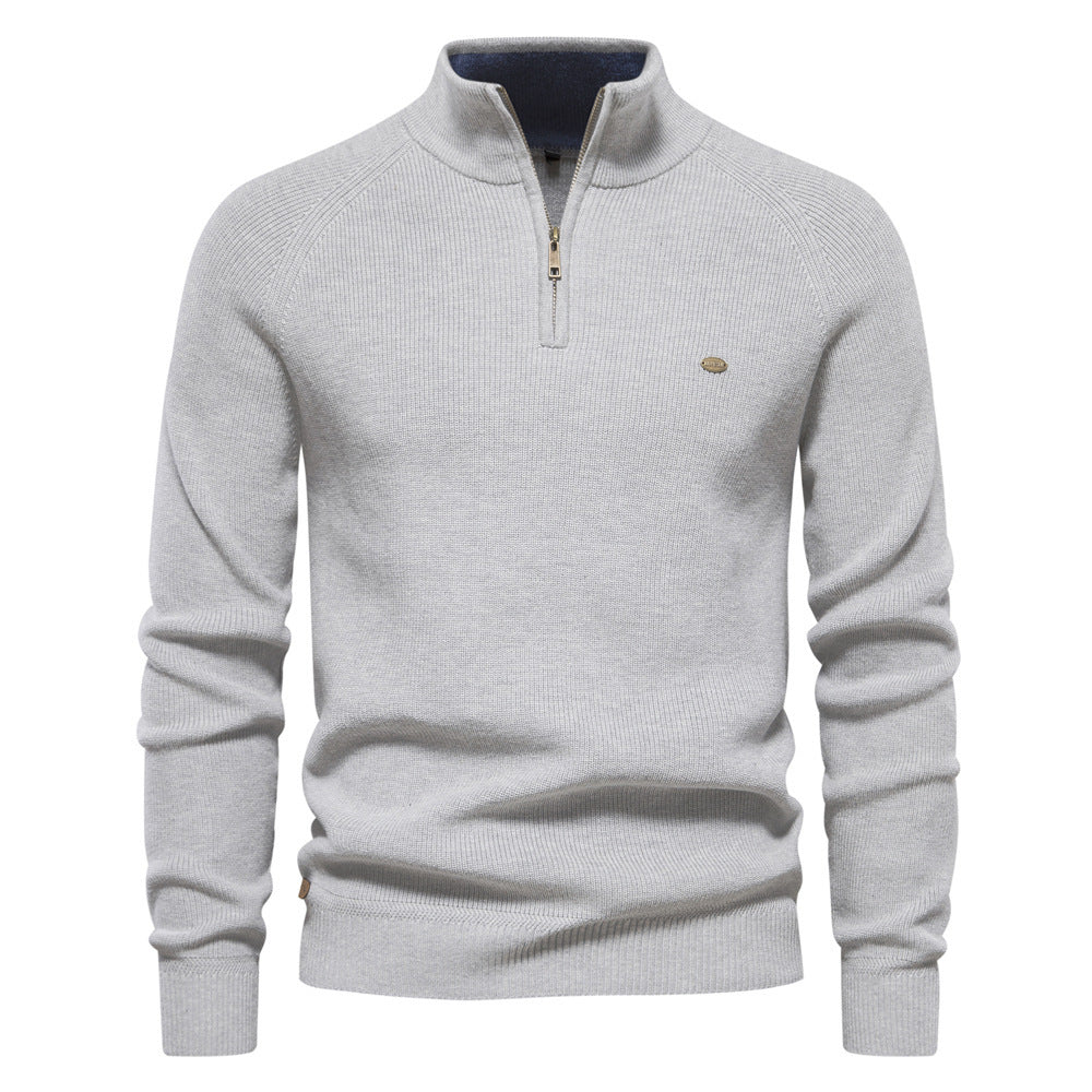 Men's Zipper Stand Collar Knitted Sweater Fashion Slim Solid Color Long Sleeve Half Turtleneck Top Men's Clothing