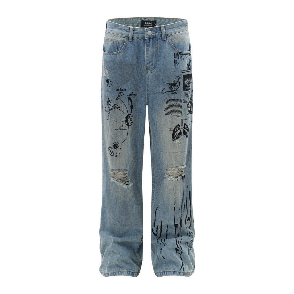 Fashion Graffiti Ripped Denim Trousers Men